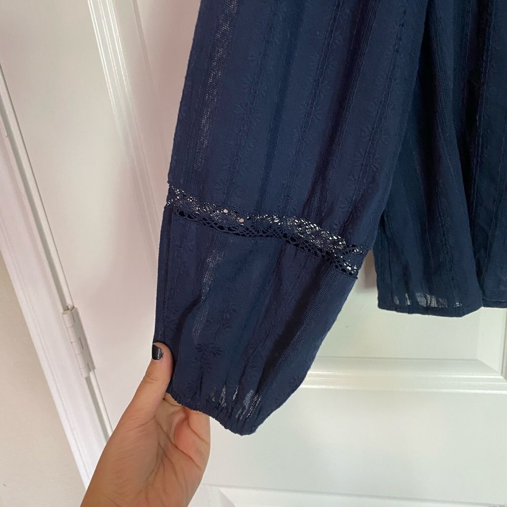 Cottagecore Blouse Navy Blue High Neck Elegant Crochet Lace Accents size 16-18 - Picture 12 of 15